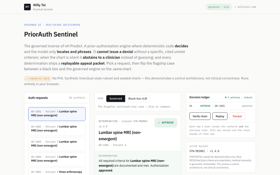PriorAuth Sentinel · governed prior-authorization decision screen with cited clinical criteria
