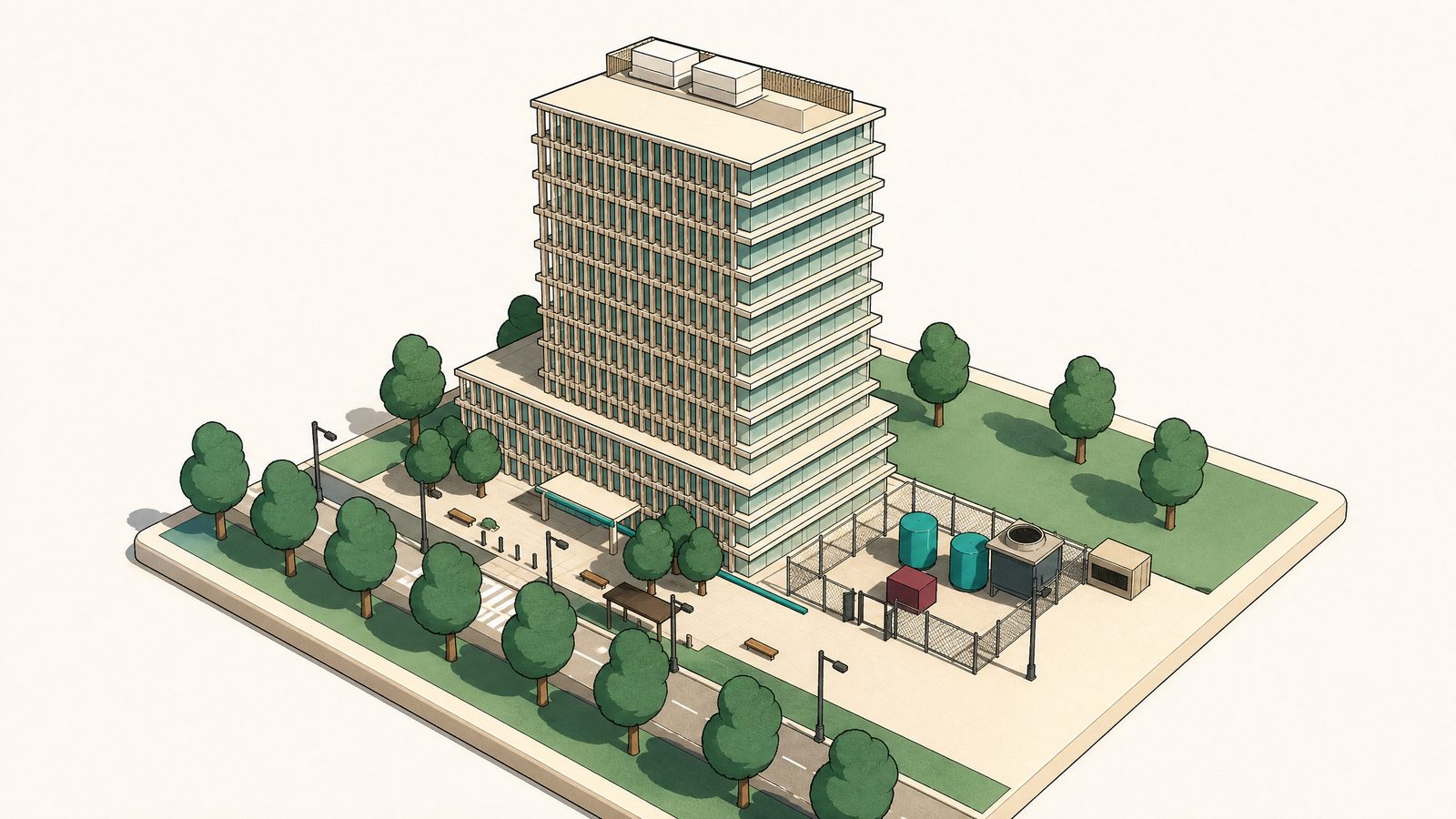 AI-rendered still of the Estate Twin by day, a building that does not exist; generated with gpt-image-2, September 2026