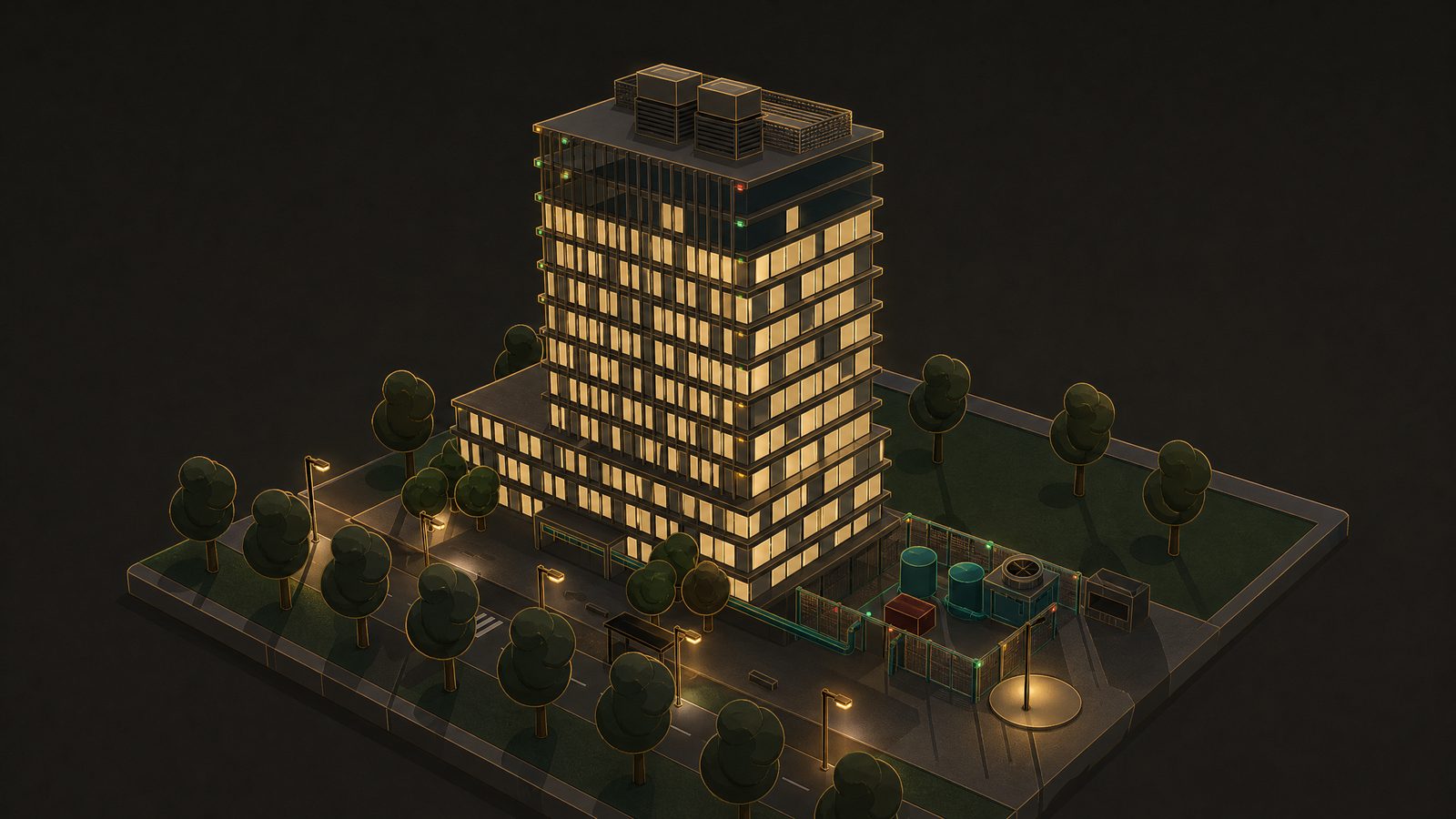 AI-rendered still of the Estate Twin at night, a building that does not exist; generated with gpt-image-2, September 2026