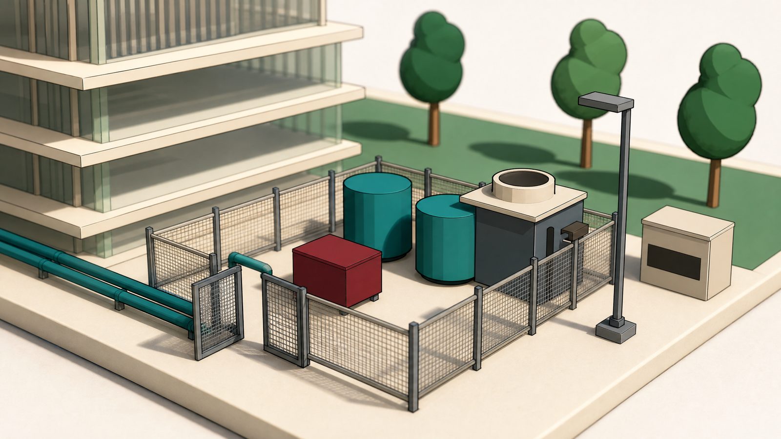 AI-rendered still of the Estate Twin's chiller yard, a building that does not exist; generated with gpt-image-2, September 2026
